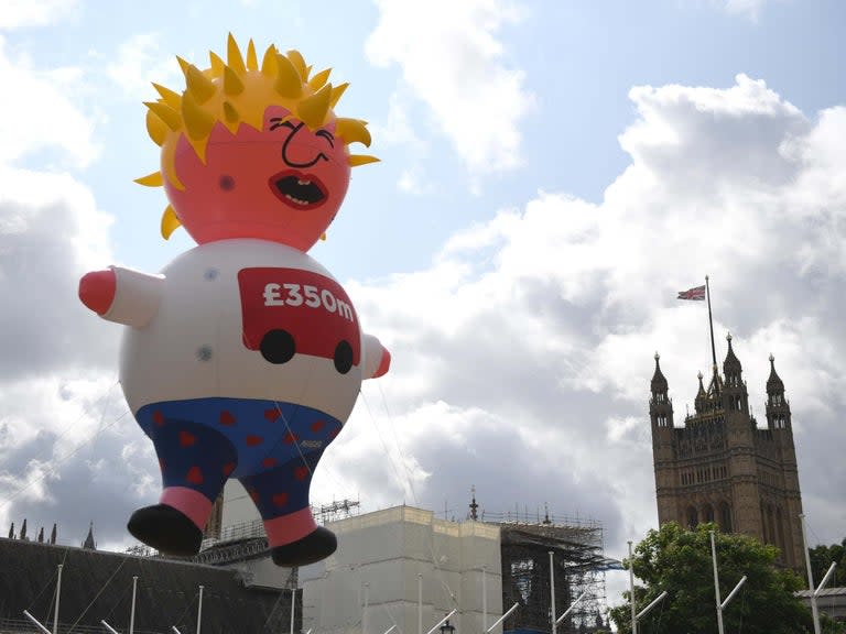 A “Boris blimp” flew over Parliament Square as protesters gathered for another major march with the aim of stopping Brexit.The inflatable – modelled on a similar protest against Donald Trump – mocked the likely next prime minister with dishevelled hair, mismatched running gear and salmon-pink skin.The caricature of Mr Johnson also featured a t-shirt emblazoned with a bus and the figure £350m, after his infamous false claim about the rewards for the NHS from leaving the EU.The singer Billy Bragg and presenter Sandi Toksvig were due to join the ‘No to Boris, Yes to Europe’ procession through central London, organised by a group called March for Change.A 9ft representation of Nigel Farage, the Brexit party leader, was also due to appear, courtesy of a stilt-walker holding puppet versions of Mr Johnson and his Tory leadership rival Jeremy Hunt.Ms Toksvig said she believed “passionately” in the European project, adding: “Some of the enormous political issues we face today – the climate emergency, cybercrime, violence against women and girls – are truly global; we cannot fight them alone, and we cannot fight them outside of Europe.”The co-founder of the Women’s Equality party said she was “also very worried about what a Boris Johnson premiership means for women in Britain”, with those electing him overwhelming male.Tom Brufatto, the chairman of Britain for Europe, said: “We will not allow Boris Johnson to float into No 10 on a favourable tailwind, or have the summer off, unopposed, after so much hot air on Brexit, with so much at stake.”And Naomi Smith, chief executive of the anti-Brexit Best for Britain group, said: “Brexit exposed some of the big problems successive governments have been neglecting for decades.“Brexit isn’t the solution – and we will fight to stop it. But once we’ve got that obstacle out of the way, we all need to make sure things don’t go back to how they were.”Labour MPs Clive Lewis and Kate Osamor were due to speak, alongside MEPs, trade unionists and other left-wing campaigners.Mr Johnson, who has vowed a “do or die” Brexit on 31 October is expected to be declared the new Conservative leader on Tuesday and enter No 10 the following day.