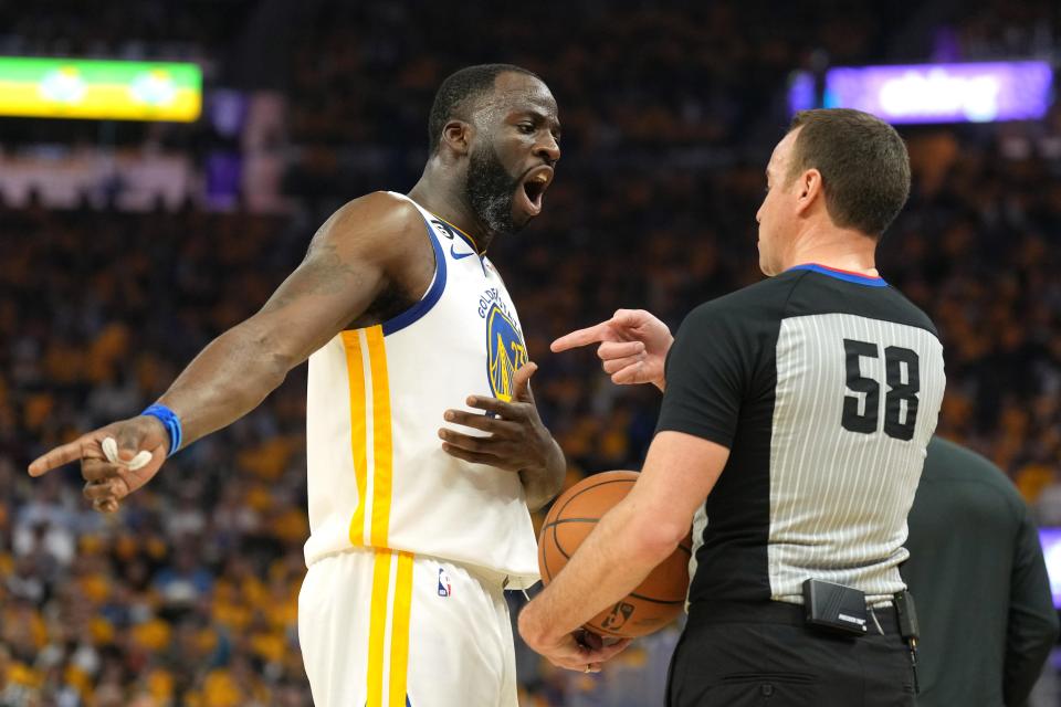 Game 4: The Golden State Warriors' Draymond Green argues with referee Josh Tiven during the first quarter against the Sacramento Kings at Chase Center on April 23. The Warriors won the game, 126-125, to even up the series at two games apiece.
