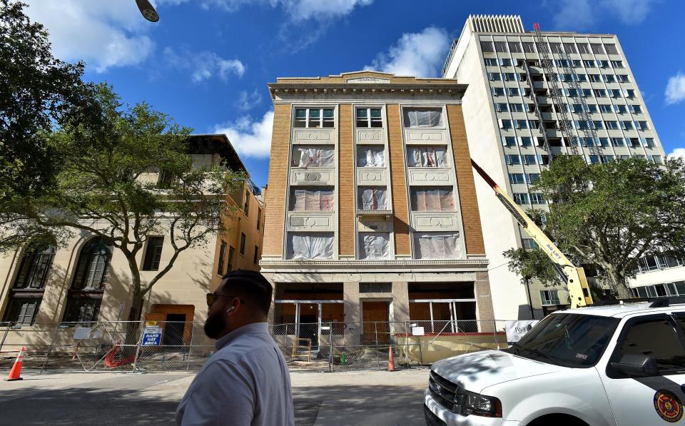 Dating back to 1924, the former Florida Baptist Convention Building, center, at 218 W. Church St. is being restored by JWB Real Estate Capital LLC for adaptive reuse as restaurants, retail and apartments in downtown Jacksonville.