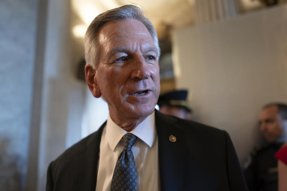 FILE - Sen. Tommy Tuberville, R-Ala., a member of the Senate Armed Services Committee, talks to reporters as he and other senators arrive at the chamber for votes, at the Capitol in Washington, Wednesday, Sept. 6, 2023. Texas Republican Rep. Michael McCaul said on CNN's “State of the Union” on Sunday, Sept. 10, that Tuberville “is paralyzing the Department of Defense,” as Tuberville wages an unprecedented attempt to change Pentagon abortion policy by holding up hundreds of military nominations and promotions. (AP Photo/J. Scott Applewhite, File)