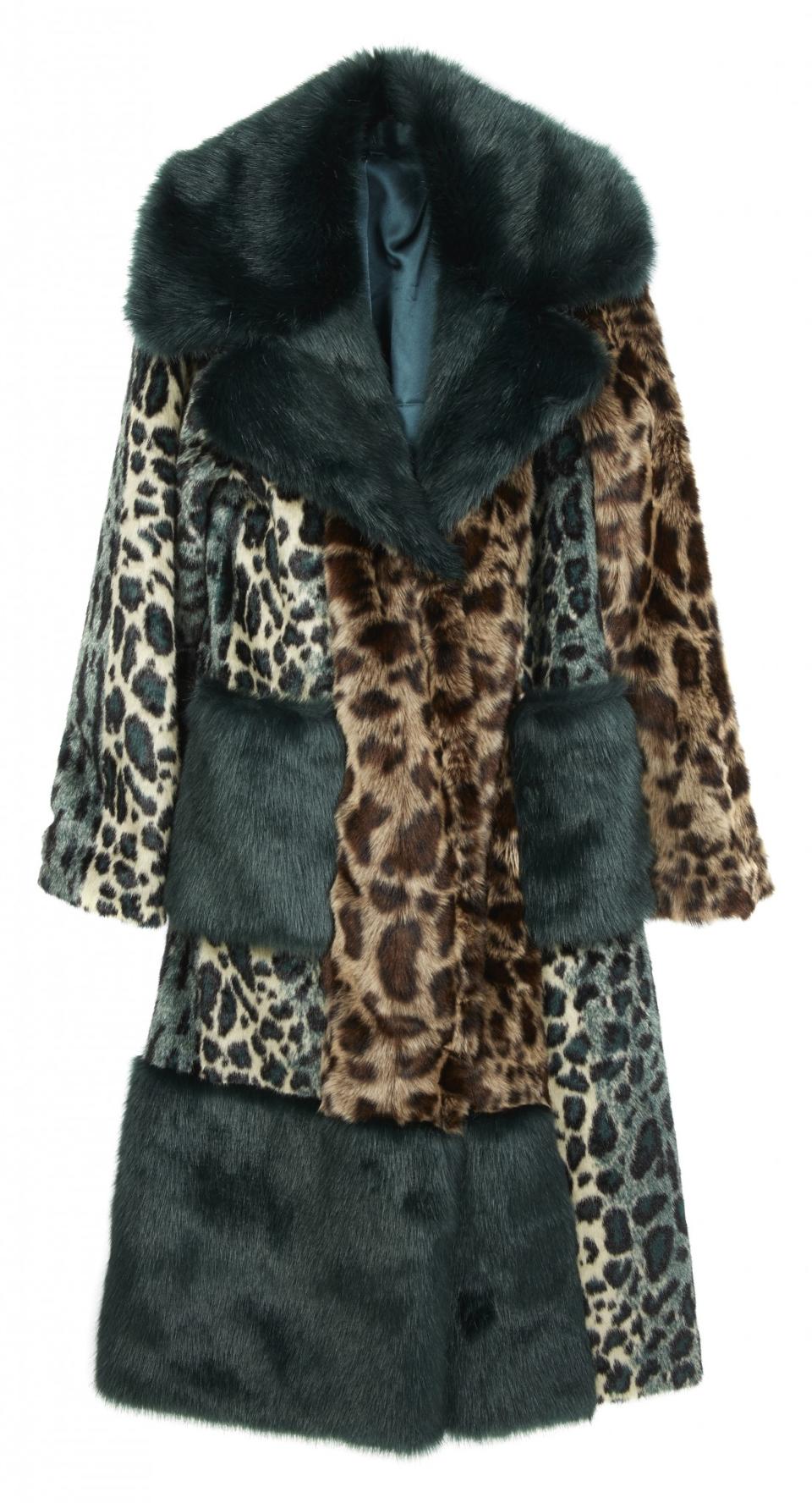 Longline coat in patched animal faux fur