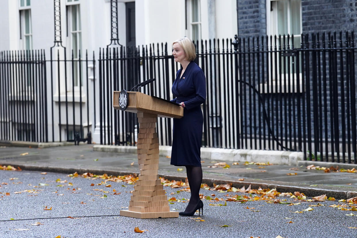 Liz Truss making a statement outside 10 Downing Street, London, where she announced her resignation as Prime Minister. Picture date: Thursday October 20, 2022.