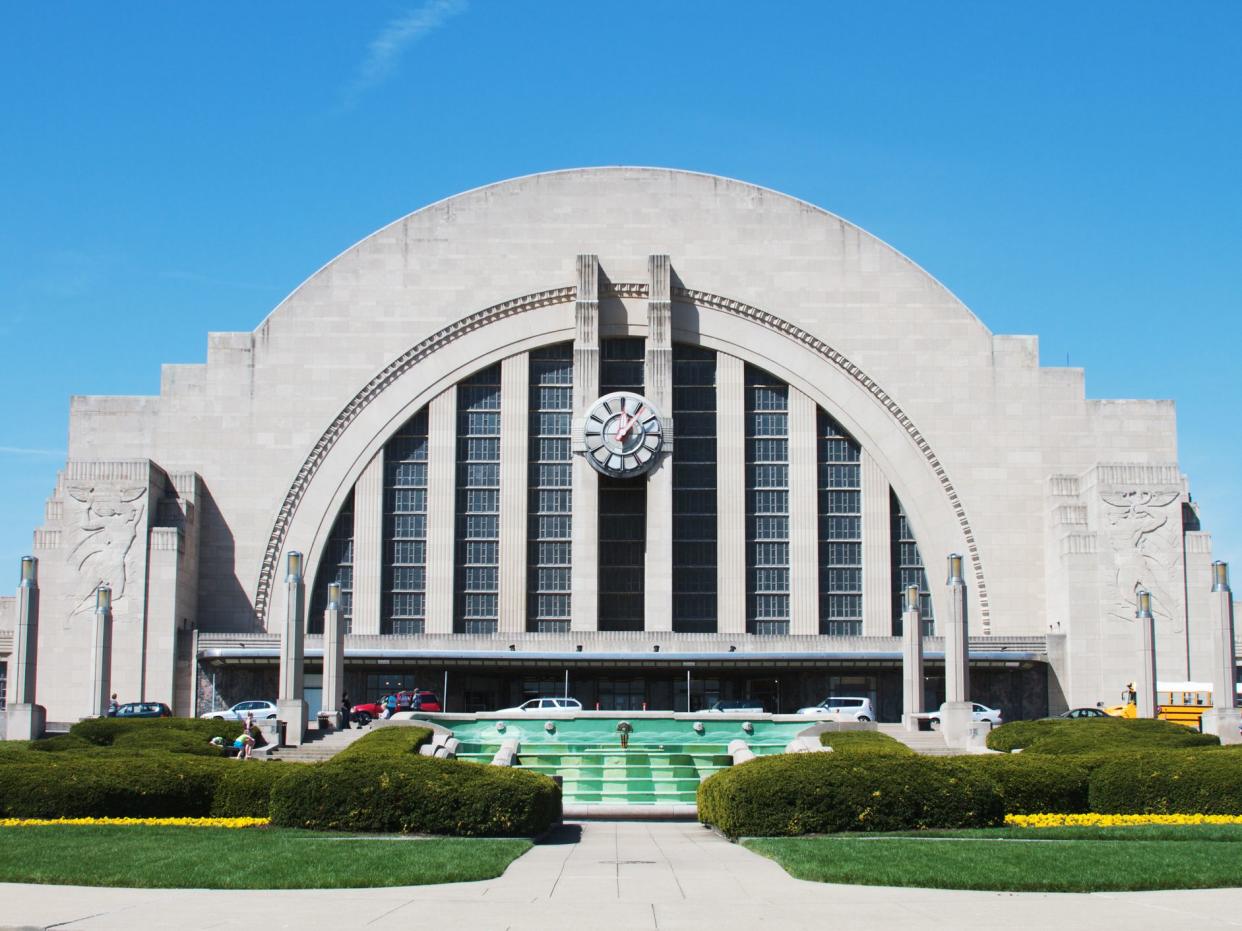 Cincinnati, Ohio, USA-April 7, 2011: A front view of the Cincinnati Museum Center at Union Terminal. The museum which was originally a train station was converted into a museum in 1986. It is home to many traveling exhibits, a children museum , and omnima