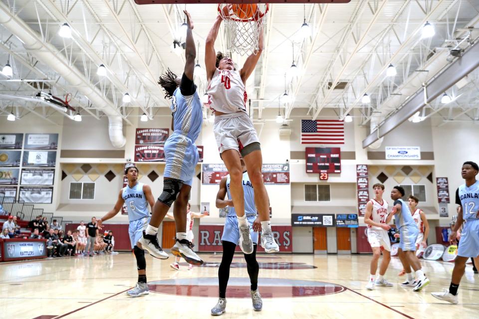 Miles Heide (40), a 6-foot-9 power forward from Mount Si High School in Washington, dunks the ball against Monsignor Scanlon of New York during the Desert Holiday Classic in Rancho Mirage, Calif., on Tuesday, Dec. 27, 2022.