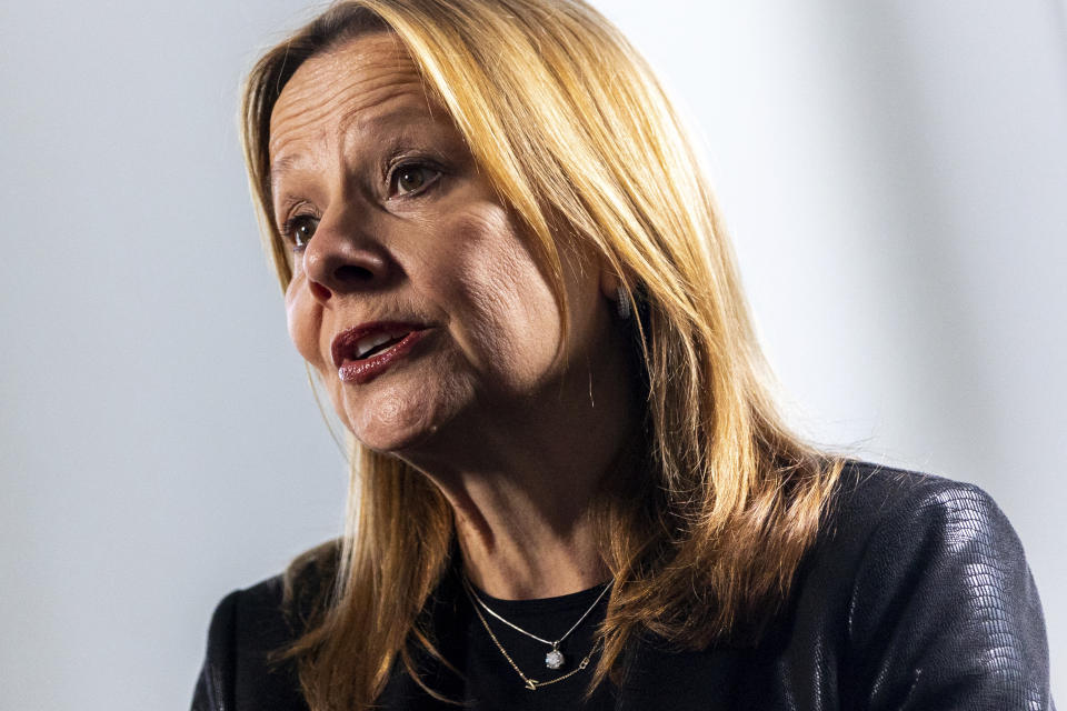 Mary Barra, CEO of General Motors, speaks during an interview with The Associated Press, Thursday, July 14, 2022, in New York. The economy is a bit wobbly, but General Motors CEO Mary Barra isn't backing off of an audacious prediction: By the middle of this decade, her company will sell more electric vehicles in the U.S. than Tesla, the global sales leader. (AP Photo/Julia Nikhinson)