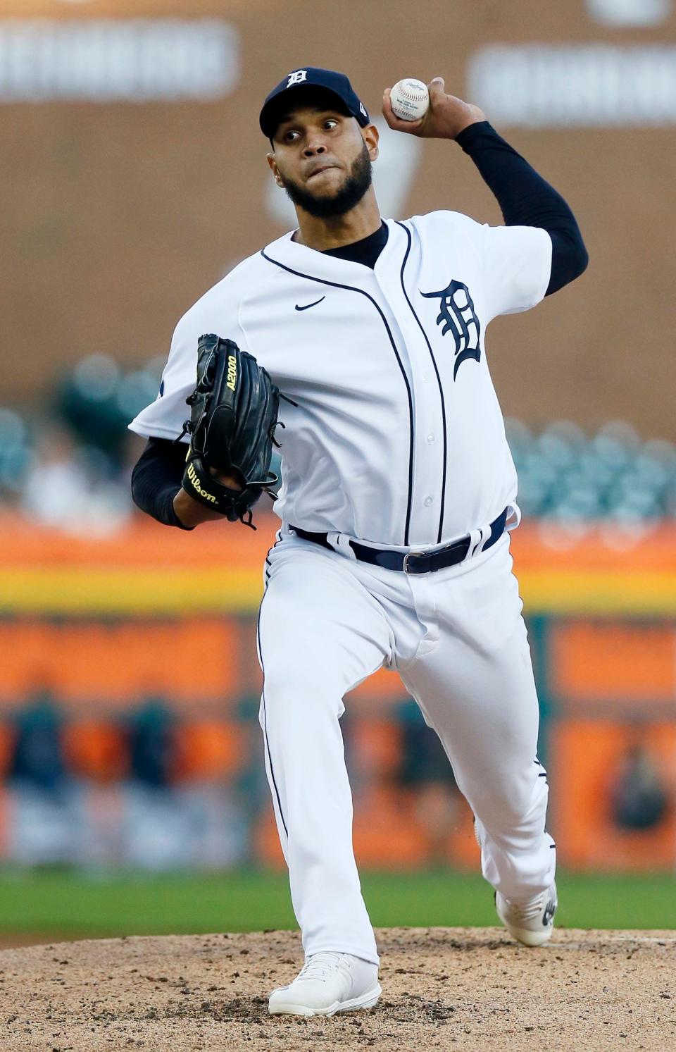 Eduardo Rodriguez (57) of the Detroit Tigers pitches against the Houston Astros during the second inning at Comerica Park on September 12, 2022, in Detroit, Michigan.