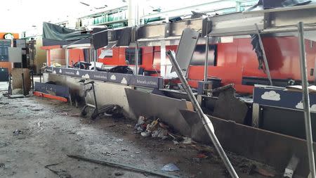 Damage is seen inside the departure terminal following the March 22, 2016 bombing at Zaventem Airport, in these undated photos made available to Reuters by the Belgian newspaper Het Nieuwsblad, in Brussels, Belgium, March 29, 2016. Het Nieuwsblad via REUTERS