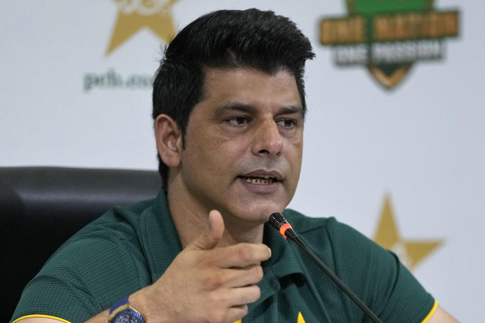 Chief selector of the Pakistan cricket squad Mohammad Wasim gives a press conference to announce the squad for upcoming Twenty20 World Cup, in Lahore, Pakistan, Thursday, Sept. 15, 2022. Injured Fakhar Zaman missed out on Pakistan's squad for the T20 World Cup and was replaced by uncapped Shan Masood on Thursday. (AP Photo/K.M. Chaudary)