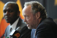 New Phoenix Suns head coach Mike Budenholzer, right, speaks as James Jones, Suns president of basketball operations and general manager, listens during an NBA news conference Friday, May 17, 2024, in Phoenix. (AP Photo/Ross D. Franklin)