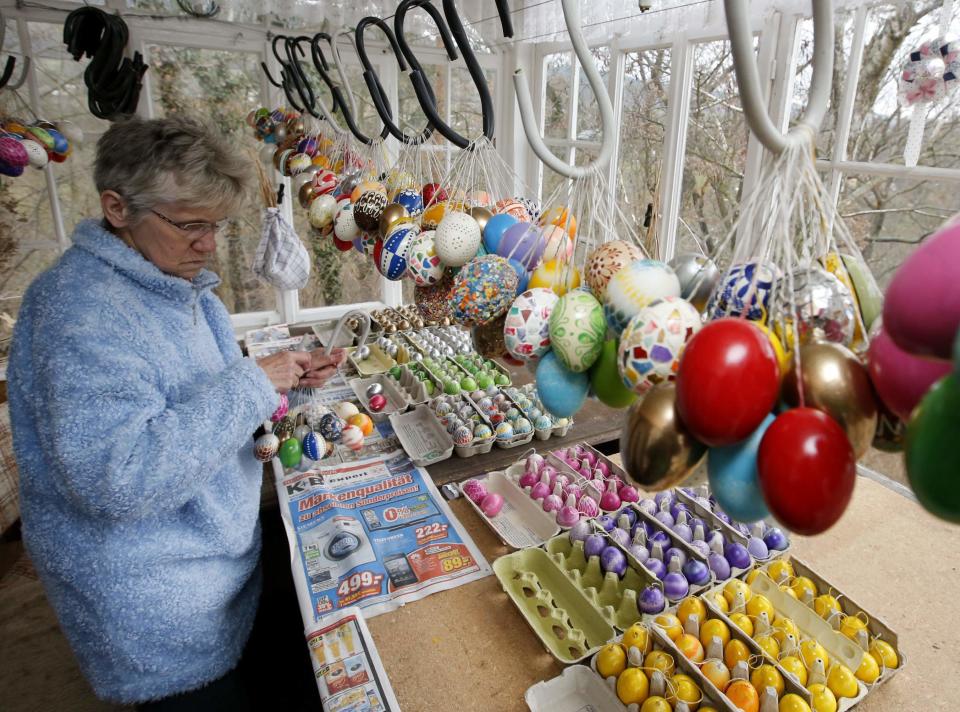 German pensioner Christa Kraft compiles Easter eggs before she decorates an apple tree with them, in the garden of her summerhouse in the eastern German town of Saalfeld, March 19, 2014. Each year since 1965 Volker and his wife Christa spend up to two weeks decorating the tree with their collection of 10,000 colourful hand-painted Easter eggs in time for Easter celebrations. REUTERS/Fabrizio Bensch