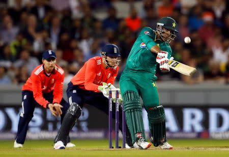 Britain Cricket - England v Pakistan - NatWest International T20 - Emirates Old Trafford - 7/9/16 Pakistan's Sharjeel Khan hits a six Action Images via Reuters / Lee Smith Livepic EDITORIAL USE ONLY.