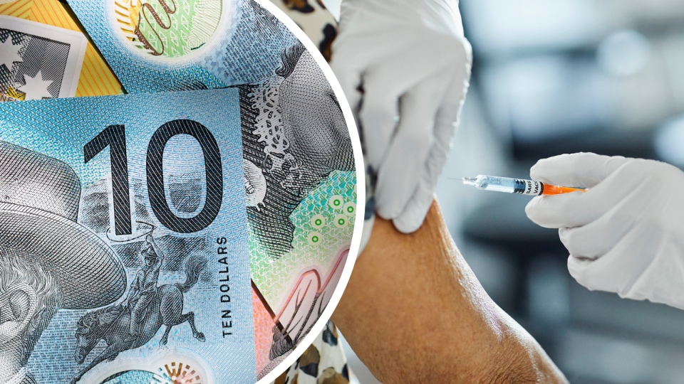 Australian cash, woman receives COVID-19 vaccine into her arm. 