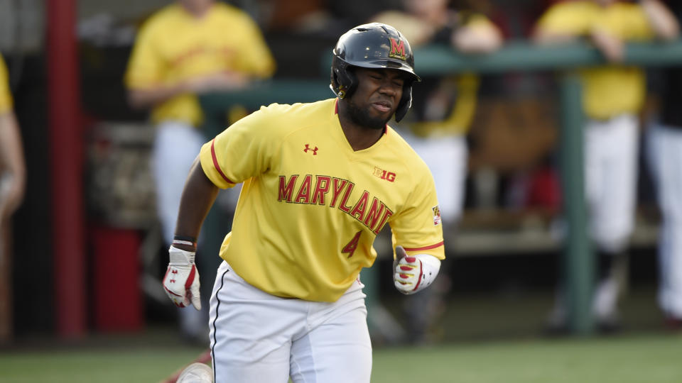 FILE - In this Wednesday, March 4, 2020 file photo, Maryland's Maxwell Costes during an NCAA baseball game in College Park, Md. It would have been interesting to see what Costes could have accomplished in a full season last year. He led the Terps in batting (.432), on base percentage (.620), slugging (.750), home runs (4) and walks (16). His on-base percentage was second nationally. (AP Photo/Gail Burton, File)