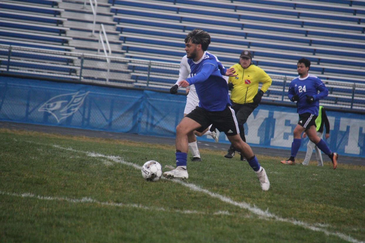 Perry's Sergio Sanchez drives down the field on Monday, April 1, 2024, at Dewey Field.