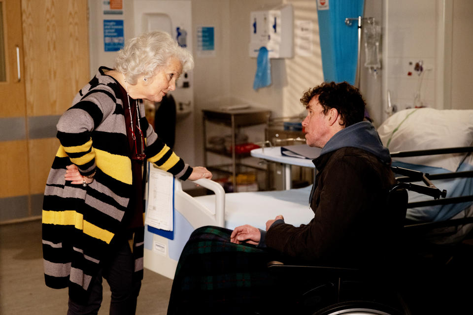 FROM ITV

STRICT EMBARGO
Print media - No Use Before Tuesday 10th May 2022
Online Media - No Use Before 0700hrs Tuesday 10th May 2022

Emmerdale - Ep 9366

Wednesday 18th May 2022

Mary Goskirk [LOUISE JAMESON] tries to reassure nervous Marlon Dingle [MARK CHARNOCK] as he prepares to return home after recovering from pneumonia.

Picture contact - David.crook@itv.com

Photographer - Mark Bruce

This photograph is (C) ITV Plc and can only be reproduced for editorial purposes directly in connection with the programme or event mentioned above, or ITV plc. Once made available by ITV plc Picture Desk, this photograph can be reproduced once only up until the transmission [TX] date and no reproduction fee will be charged. Any subsequent usage may incur a fee. This photograph must not be manipulated [excluding basic cropping] in a manner which alters the visual appearance of the person photographed deemed detrimental or inappropriate by ITV plc Picture Desk. This photograph must not be syndicated to any other company, publication or website, or permanently archived, without the express written permission of ITV Picture Desk. Full Terms and conditions are available on  www.itv.com/presscentre/itvpictures/termsFROM ITV
