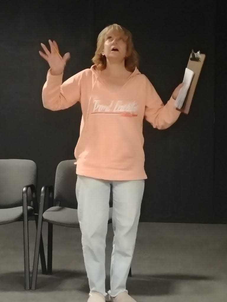 Mary A. Barnas as Mother Bradley asks for help with the Herdman children during rehearsal for Monroe Community Players' "The Best Christmas Pageant Ever." The show is Dec. 8-10.