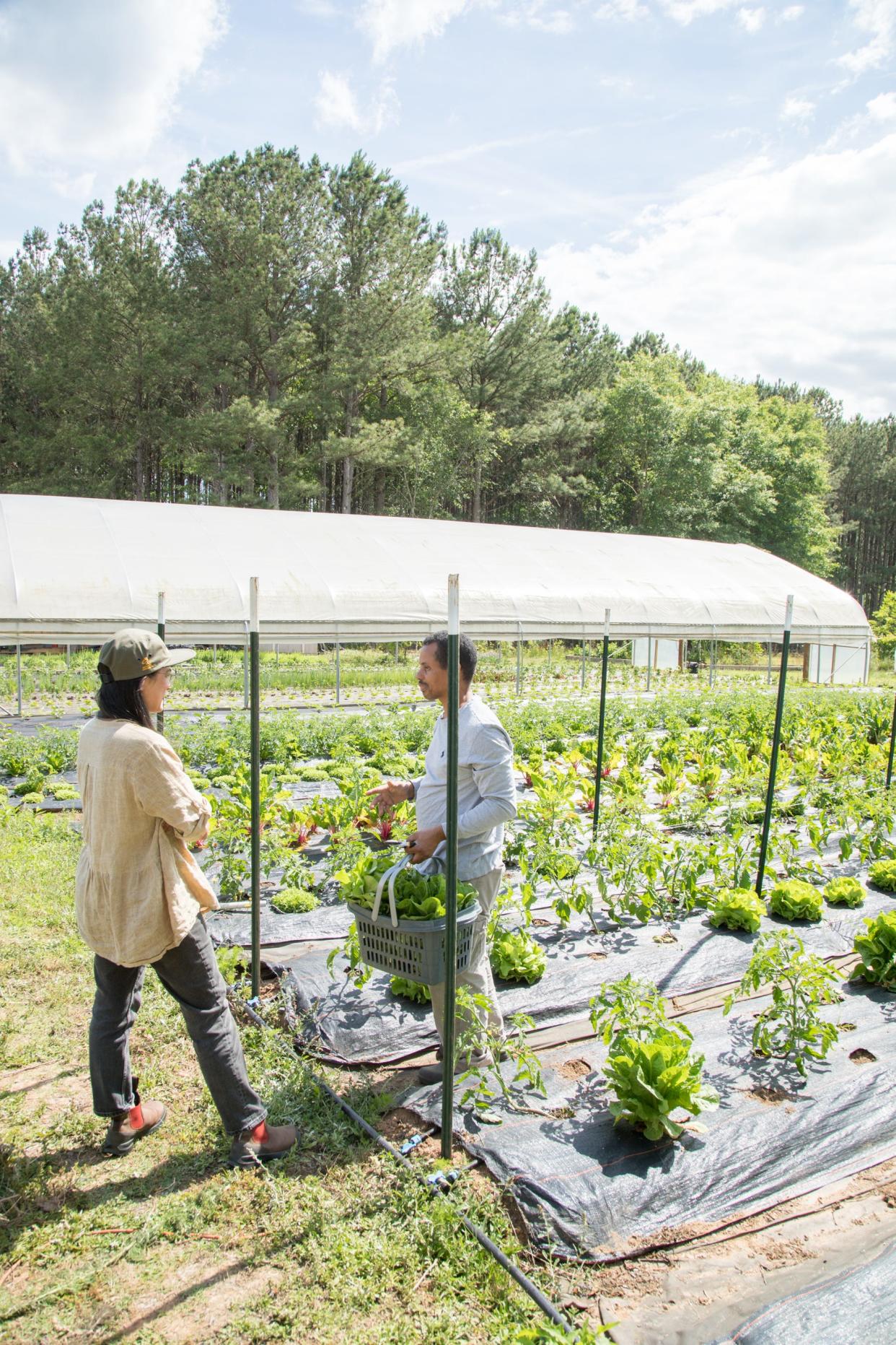 Russell Brydson, right, of Narrow Way Farm in McDonough and Georgia Organics Farmer Services Director Lauren Cox, left, participate in an advocacy visit with Georgia Organics.