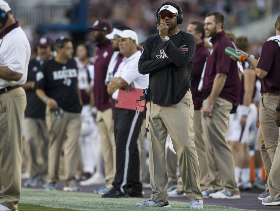 Texas A&M head coach Kevin Sumlin watches a replay during the first quarter of an NCAA college football game against South Carolina. (AP)