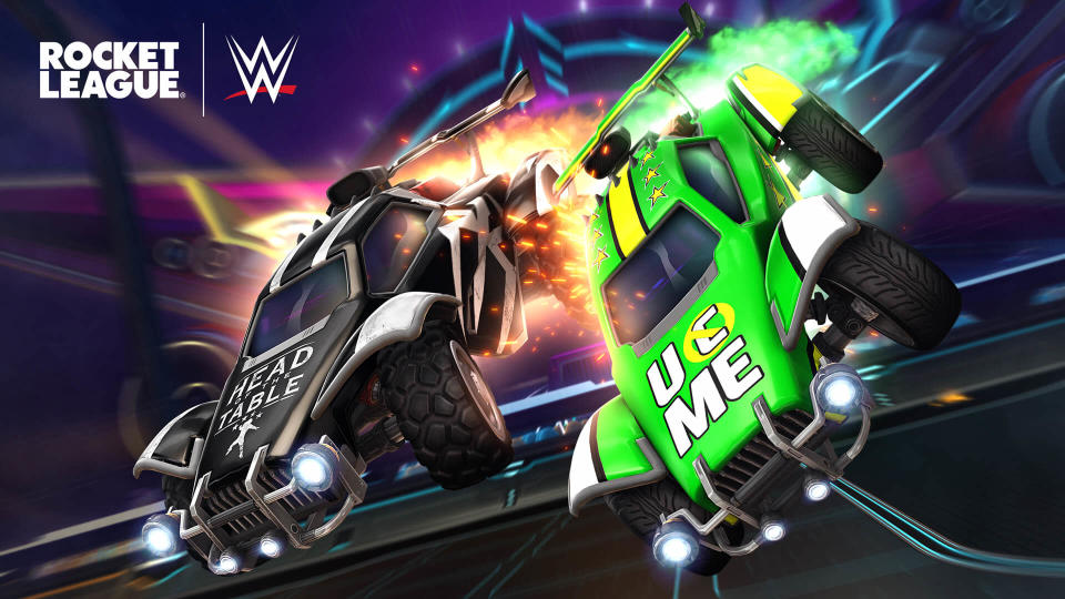 Adesivos de Roman Reigns e John Cena marcam colaboração de Rocket League com WWE. (Imagem: Divulgação/Epic Games)