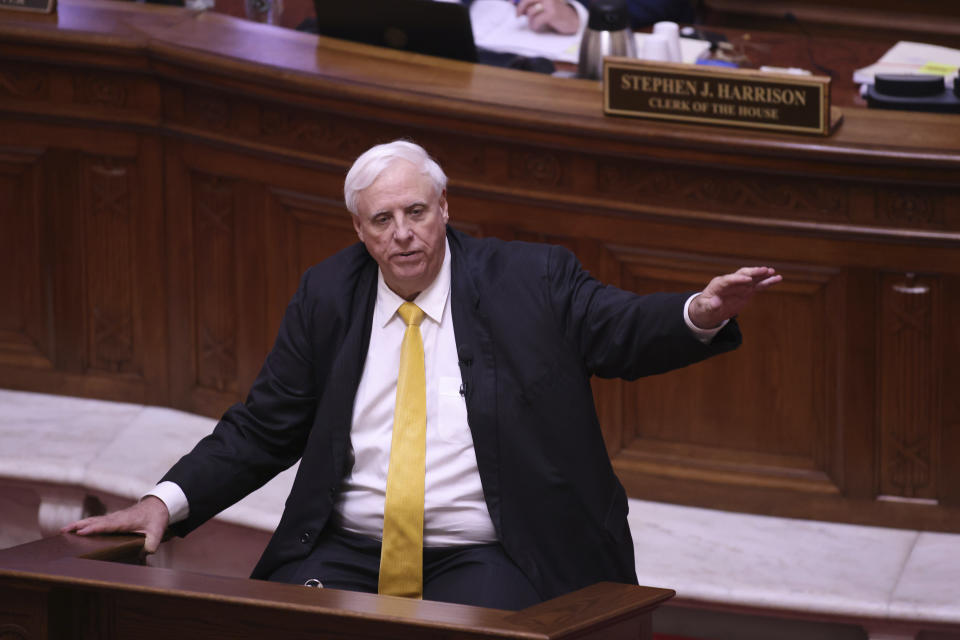 West Virginia Governor Jim Justice speaks during the State of the State Address in the House Chambers of the West Virginia State Capitol Building in Charleston, W.Va., on Wednesday, Feb. 10, 2021. (AP Photo/Chris Jackson)