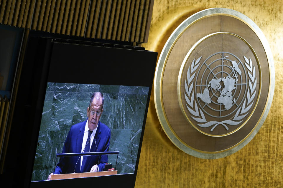Russian Foreign Minister Sergey Lavrov is seen on a giant screen as he addresses the 78th session of the United Nations General Assembly, Saturday, Sept. 23, 2023 at United Nations headquarters. (AP Photo/Mary Altaffer)