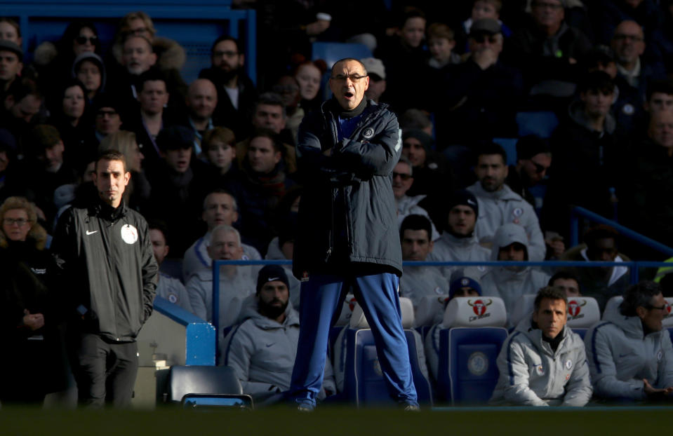 Chelsea manager Maurizio Sarri cut a frustrated figure as Chelsea failed to drive home their advantage in the first half