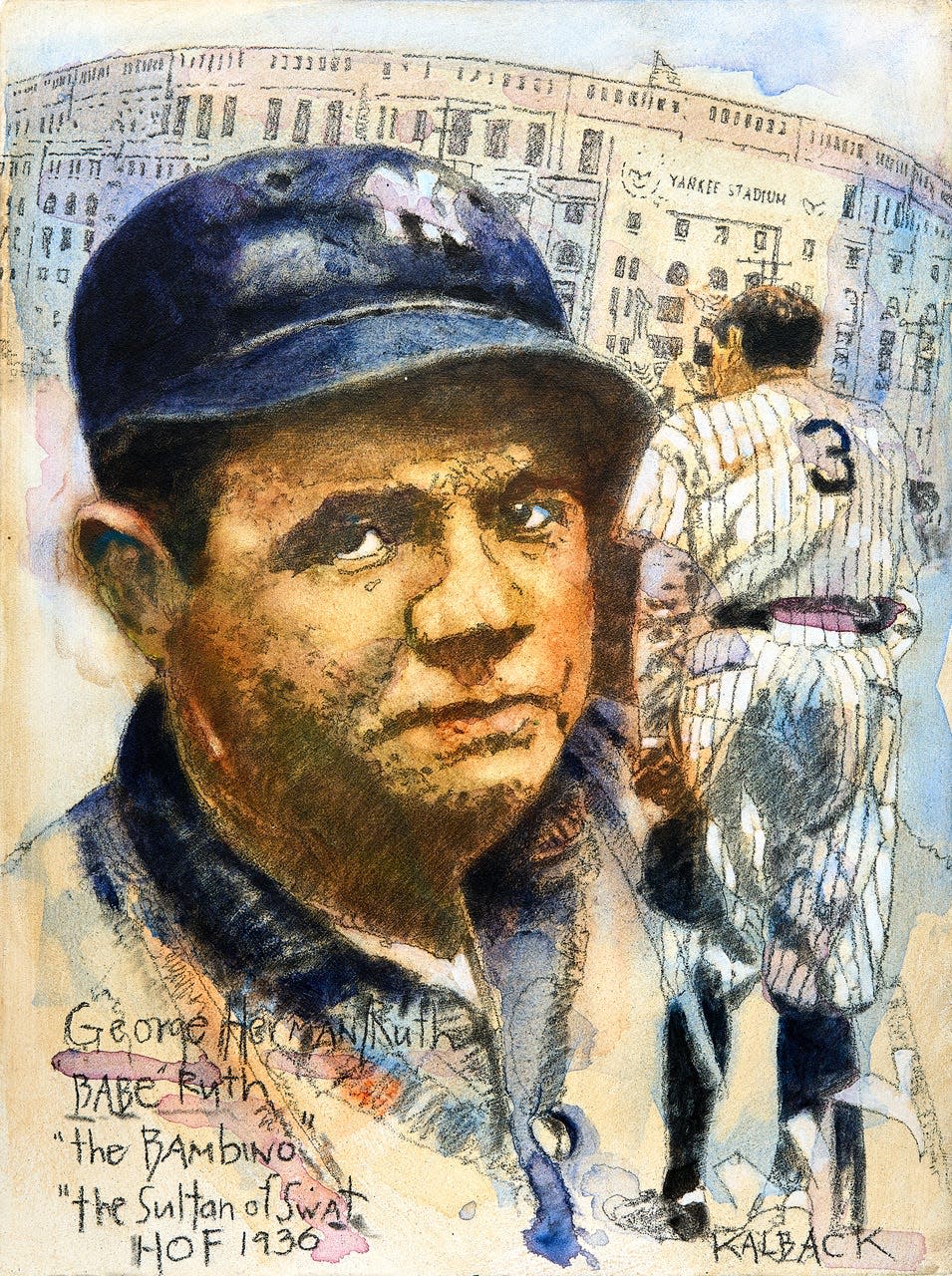This piece featuring George Herman "Babe" Ruth is part of an exhibit of artwork from Jerry Kalback (1950–2021). Kalback's piece, in acrylic and pencil on gesso board, is on loan from the School of Art Collection and Galleries at Kent State University.