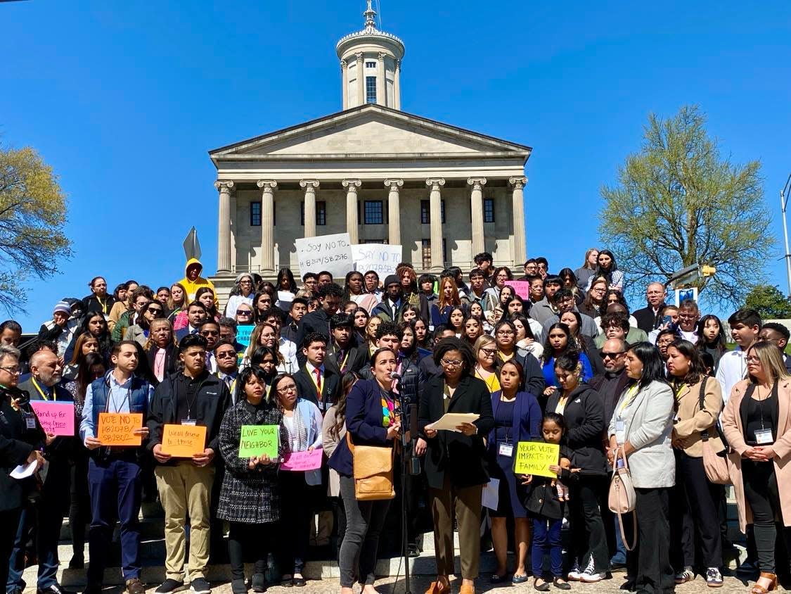 A group of constituents gathered by the Tennessee Immigrant and Refugee Rights Coalition rallies at the State Capitol on Tuesday, March 19, 2024.