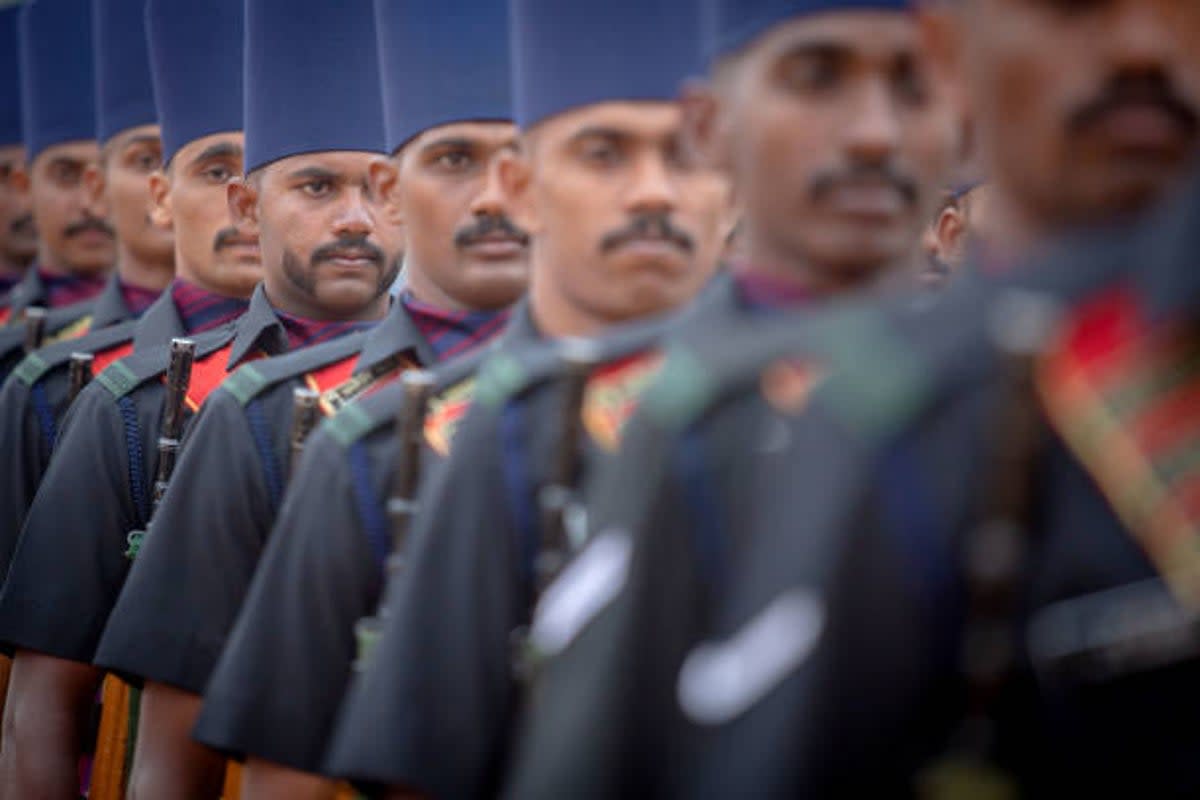 Soldiers from the Madras Sappers of the Indian Army participate in a full dress rehearsal parade to celebrate India’s Republic Day on 24 January 2023 in Bengaluru, India (Getty Images)