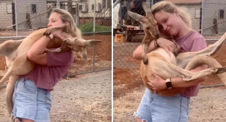 Two photos of Ms Huber lifting a larger kangaroo by its tail. t's unclear whether it's a joey or not, however the woman urges people not to lift grown kangaroos.