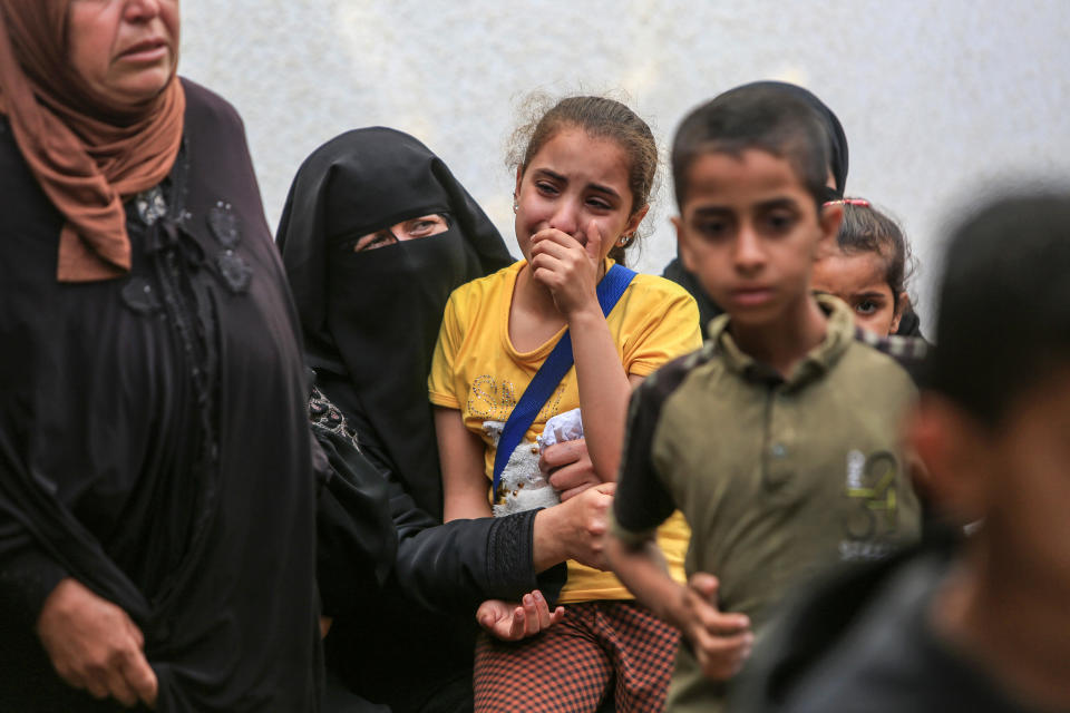 Relatives of Palestinians killed in an Israeli airstrike mourn as they take the dead bodies from the morgue of El-Najar Hospital to be buried in Rafah, Gaza, April 21, 2024. / Credit: Abed Rahim Khatib/Anadolu/Getty