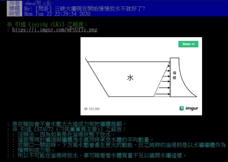 有網友質疑為何三峽大壩不現在開始慢慢放水，解決潰堤危機。（圖／翻攝自PTT）