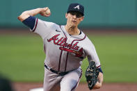 Atlanta Braves starting pitcher Kyle Wright delivers during the first inning of the team's baseball game against the Boston Red Sox, Wednesday, Aug. 10, 2022, in Boston. (AP Photo/Charles Krupa)