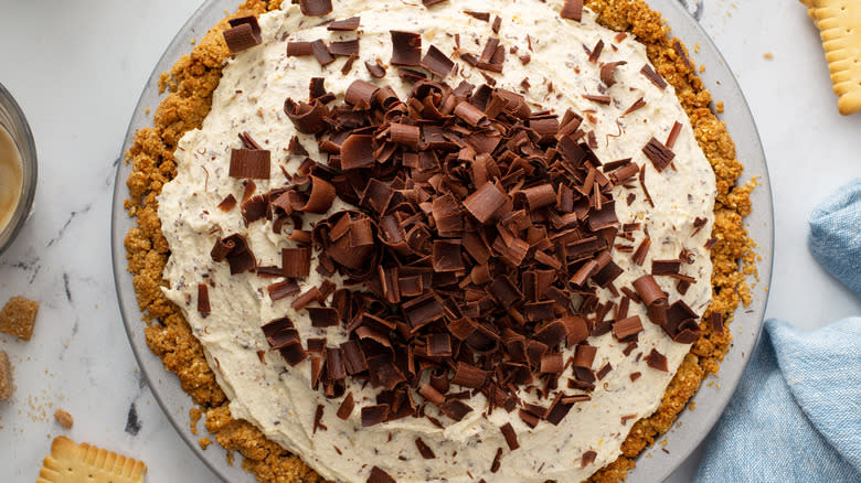 Cannoli pie on gray plate