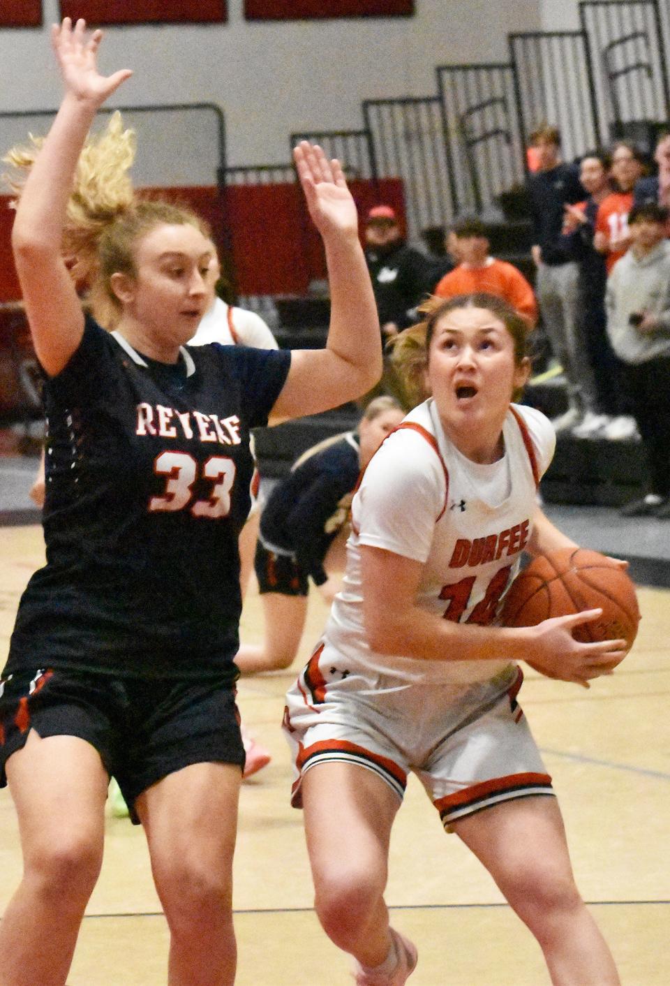 Durfee's Maggie O'Connell looks for two points against Revere's Belma Velic during Tuesday's Division I preliminary contest at B.M.C. Durfee High School in Fall River Feb. 27, 2024.