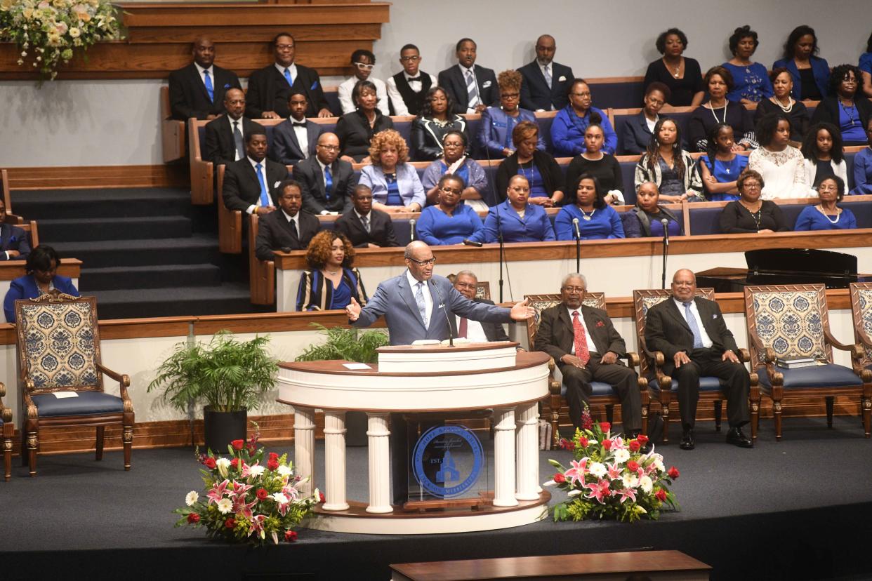 NBCUSA President Rev. Jerry Young, a Mississippi pastor, preaching at a March 2020 event featuring President Joe Biden. Young, who has led the nation's largest Black Baptist denomination for 10 years, looks to cede the reins to someone new depending on the outcome of an atypical NBCUSA presidential election at its 2024 annual session in Baltimore between Sept. 2-5.