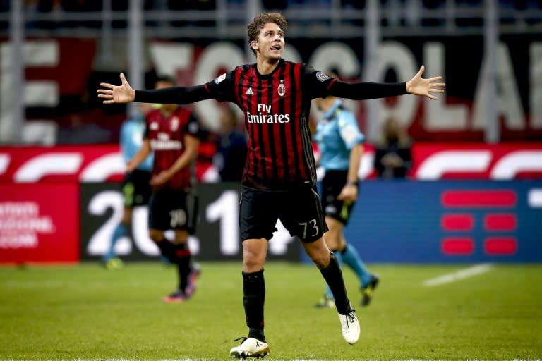 AC Milan's midfielder Manuel Locatelli celebrates after scoring a goal during the Italian Serie A football match AC Milan versus Juventus on October 22, 2016