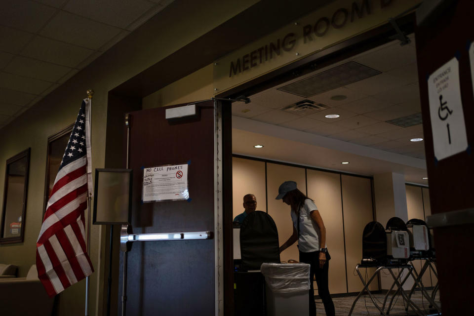 Image: Voters leave after casting ballots for the GCISD school board election at the Colleyville Public Library in Texas on Saturday. (Danielle Villasana for NBC News)