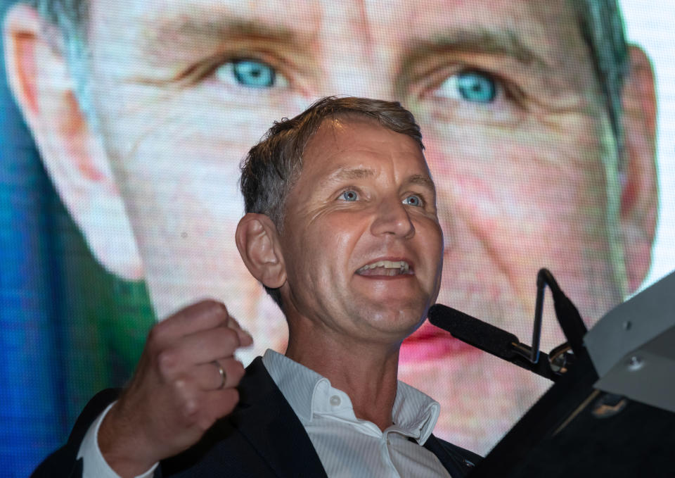 18 September 2019, Thuringia, Arnstadt: Björn Höcke, top candidate and regional chairman of the AfD Thuringia, speaks at the start of the election campaign of the AfD Thuringia. Photo: Michael Reichel/dpa (Photo by Michael Reichel/picture alliance via Getty Images)