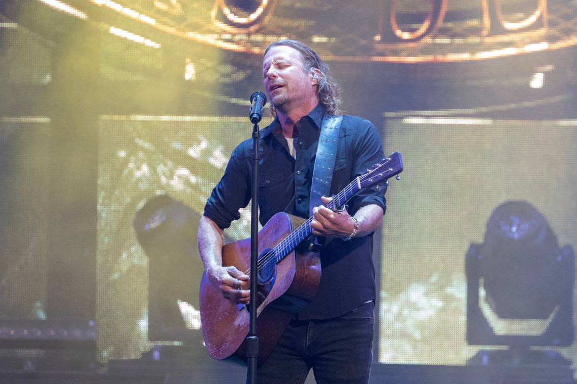 Dierks Bentley performs the song “Lot of Leavin’ Left to Do” at T-Mobile Center.