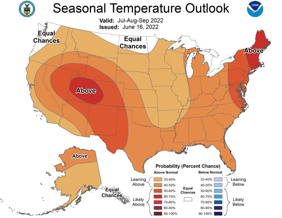 united states heat map three-month outlook shows orange above average temperatures across the country