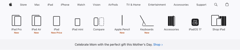 Apple's new iPad range, showing the outline and title of each available model.