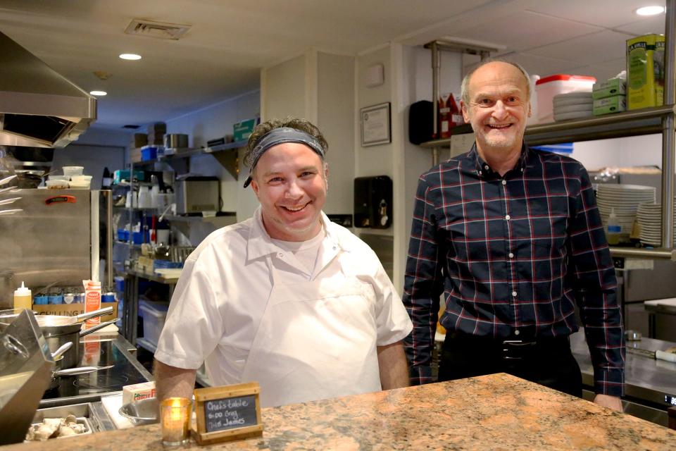 From left, Vino e Vivo chef Paul Callahan and owner Tony Callendrello get ready for dinner on Wednesday, March 2, 2022, in Exeter.