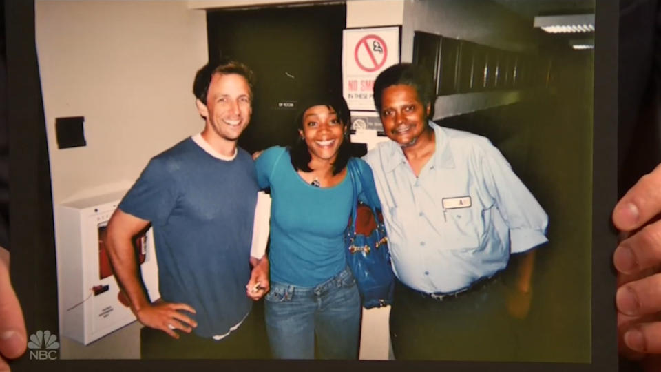 Seth Meyers and Tiffany Haddish, with an unidentified NBC worker, in 2009. (Photo: NBC)