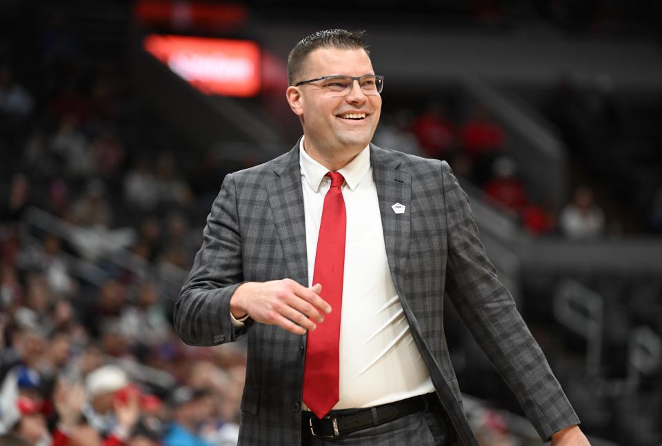 Bradley coach Brian Wardle smiles during a quarterfinal game Friday afternoon at the Missouri Valley Conference men's basketball tournament on March 3, 2023 at Enterprise Center in St. Louis. Bradley won 72-66.