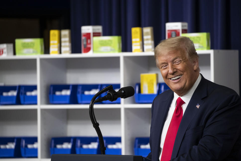 President Donald Trump speaks during an event to sign executive orders on lowering drug prices, in the South Court Auditorium in the White House complex, Friday, July 24, 2020, in Washington. (AP Photo/Alex Brandon)