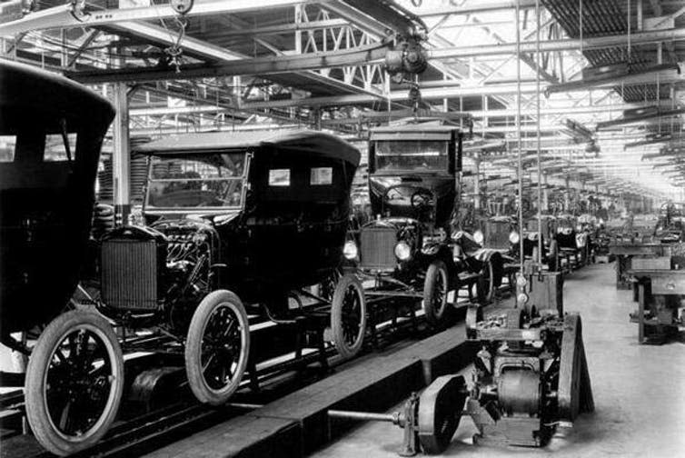 <span class="caption">Henry Ford’s famed assembly line.</span> <span class="attribution"><a class="link " href="https://www.flickr.com/photos/bluespringsfordparts/14492600447" rel="nofollow noopener" target="_blank" data-ylk="slk:Kyle Harris / flickr;elm:context_link;itc:0;sec:content-canvas">Kyle Harris / flickr</a>, <a class="link " href="http://creativecommons.org/licenses/by/4.0/" rel="nofollow noopener" target="_blank" data-ylk="slk:CC BY;elm:context_link;itc:0;sec:content-canvas">CC BY</a></span>