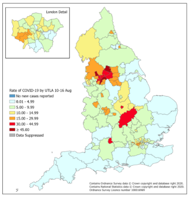 The map indicates areas of concern due to rising numbers of coronavirus infections (gov.uk)