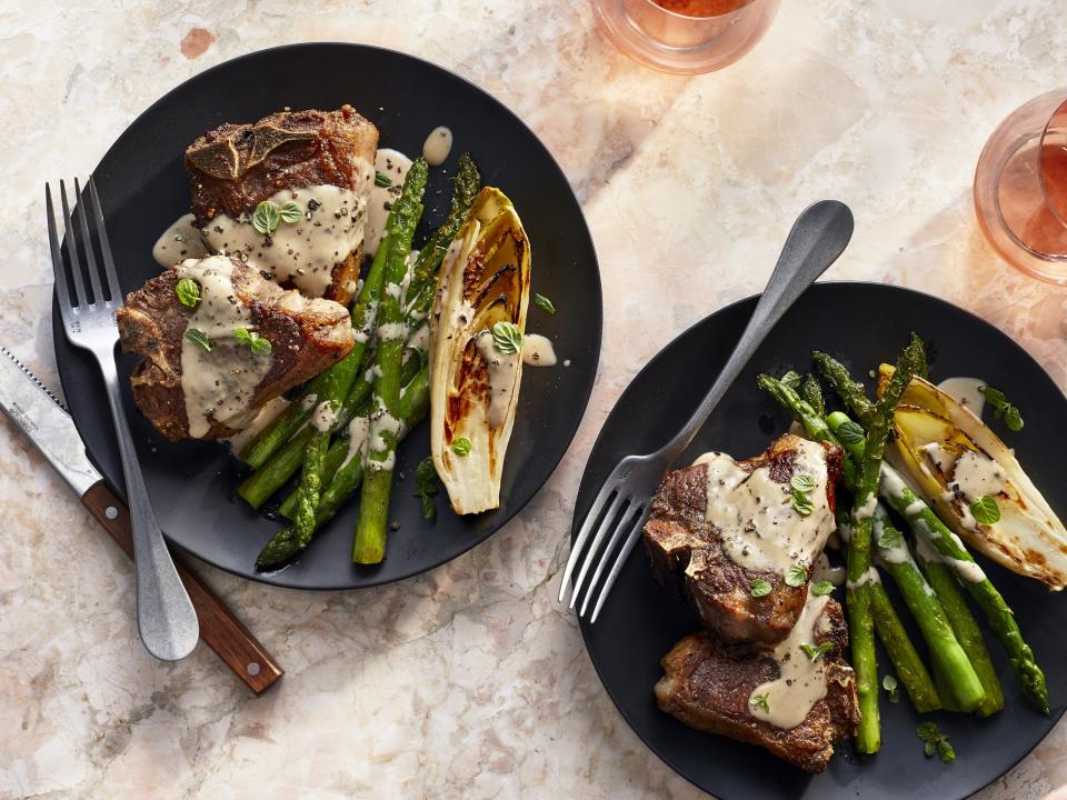 Seared Lamb Chops with Seared Endive, Asparagus, and Tahini Dressing