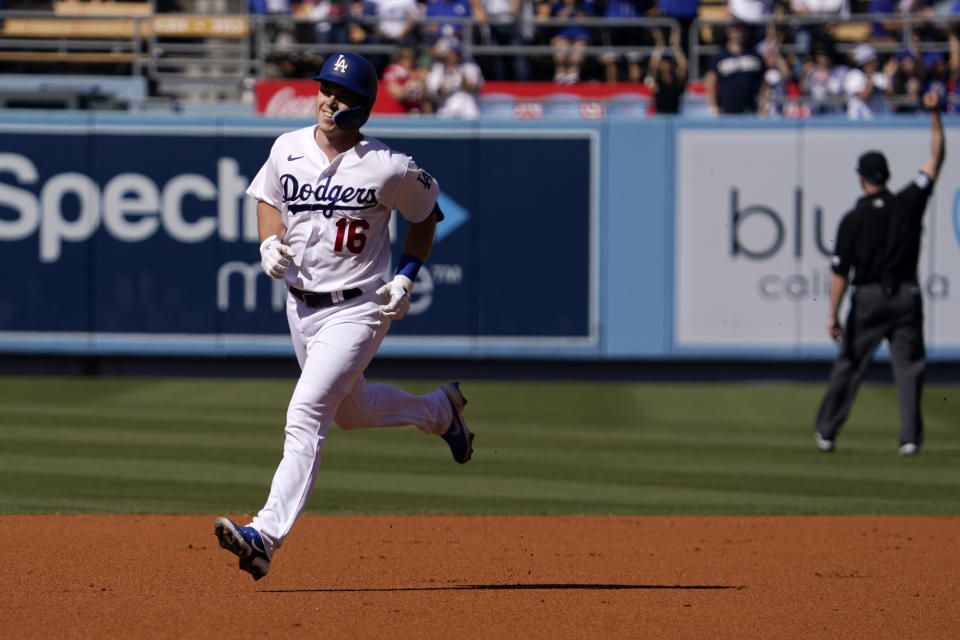 Los Angeles Dodgers' Will Smith heads to third after hitting a solo home run during the first inning of a baseball game against the San Diego Padres Saturday, July 2, 2022, in Los Angeles. (AP Photo/Mark J. Terrill)